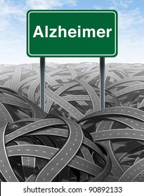 Alzheimer Disease and Dementia medical concept with a green highway road sign with text refering to memory loss and human brain problems with tangled roads and twisted streets a symbol of confusion.