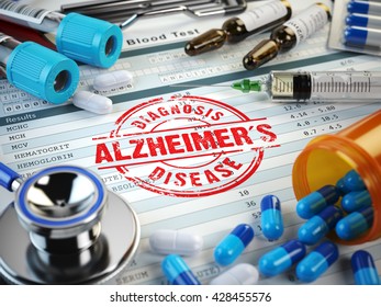 Alzheimers Disease Diagnosis. Stamp, Stethoscope, Syringe, Blood Test And Pills On The Clipboard With Medical Report. 3d Illustration