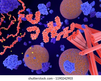 Alzheimer's Disease: Tau Proteins Aggregate To Neurofibrillary Tangles In A Neuron Axon. The Transport Of Synaptic Vesicles Is Disrupted. 3d Rendering