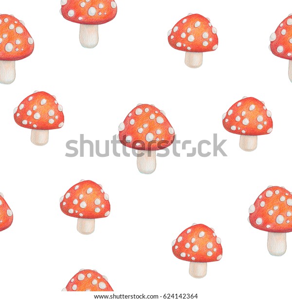 Amanita Botanical Seamless Pattern Red Mushrooms のイラスト素材 624142364
