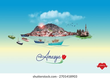Amasya, Türkiye - November 09 2025: Amasya city skyline illustration drawing. Suitable for posters, billboards and digital media.
