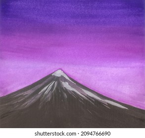 Amateur watercolor drawing snow  capped mountain against lilac night sky