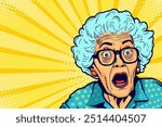 Amazed grandmother. Old, gray-haired woman in glasses and looking with surprising. Unbelievable news, big sale concept in pop art retro comic style