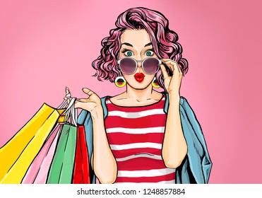 Amazed young sexy woman in glasses with shopping  bags in comic style.  Pop Art  wow girl. Advertising poster with surprised magazine cover female model.