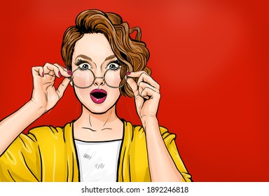 Amazed young woman in glasses. Advertising poster or party invitation with sexy club girl with open mouth in comic style. Expressive facial expressions
