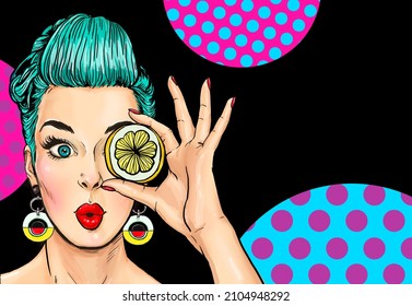 Amazed Young Wow Woman Holding Slice Of Lemon With Surprise Face, Afraid And Excited With Fear Expression. Advertising Poster Or Party Invitation With Sexy  Girl  In Comic Style.OMG