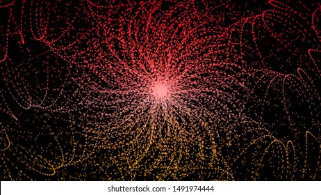 Amazing abstraction of large web consisting of multicolored neon particles twisted in different spirals on a black background. Animation. Colorful abstract background for web.