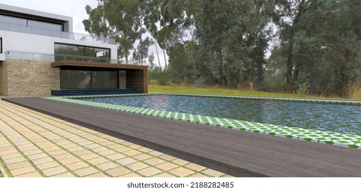 Amazing Country Villa With A Large Swimming Pool Surrounded By Drainage Pavers And Dark Decking. Magnificent Wildlife. 3d Render.