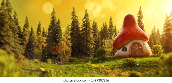 Amazing cute cartoon mushroom house on a meadow in the midst of magical forest. Unusual 3D illustration