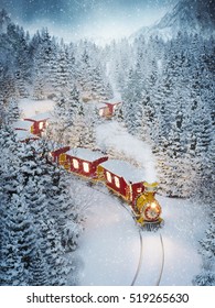 Amazing cute christmas train goes through fantastic winter forest in north pole. Unusual christmas 3d illustration
