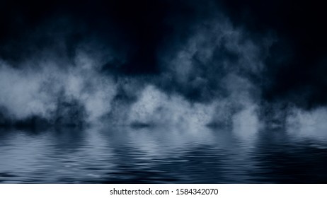 Amazing dry ice . Blue smoke with reflection in water. Texture overlays. - Shutterstock ID 1584342070