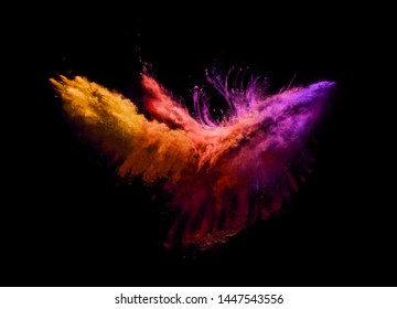 Amazing Explosion Of Yellow, Orange And Purple Powder On Black Background. Freeze Motion Of Color Powder Exploding. 3D Illustration