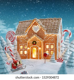 Amazing fairy Christmas gingerbread house decorated of Christmas lights in a magical forest with candy canes. Unusual Christmas 3d illustration postcard. - Powered by Shutterstock