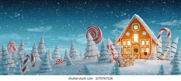 Amazing fairy Christmas gingerbread house decorated of Christmas lights in a magical forest with candy canes. Unusual Christmas 3d illustration postcard. - Powered by Shutterstock