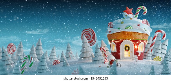 Amazing fairy Christmas house in shape of Christmas gingerbread muffin with sweets on top decorated of Christmas lights in a magical forest with candy canes. Unusual Christmas 3d illustration postcard - Powered by Shutterstock