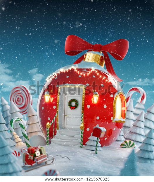 クリスマスに飾られた素晴らしい妖精の家で 赤いリボンとクリスマスの明かりで飾られたクリスマス ボーブルと キャンデーのついた魔法の森に飾られています 珍しいクリスマス3dイラストはがき のイラスト素材