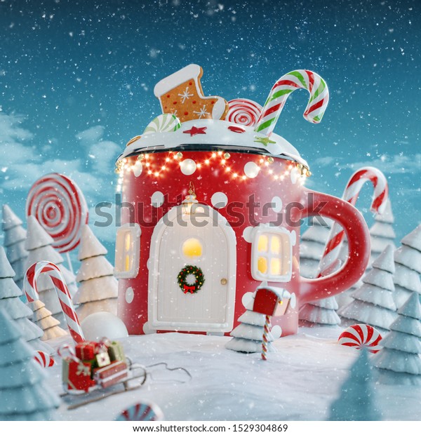 クリスマスには お菓子の缶詰の魔法の森の中に 甘いお菓子とクリスマスの明かりの入ったクリスマスマグの形をした 見事な妖精の家 が飾られています 珍しいクリスマス3dイラストはがき のイラスト素材