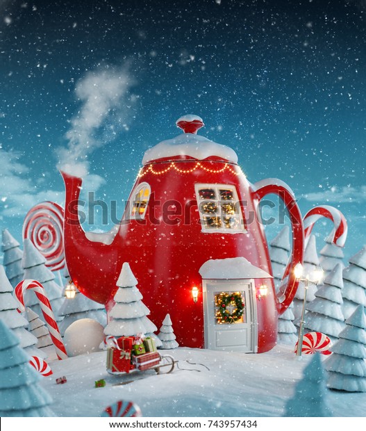 クリスマスに華麗な妖精の家を 魔法の森の中にクリスマスインテリアを持つケトルの形に飾り付けました 珍しいクリスマス3dイラストはがき のイラスト素材 Shutterstock