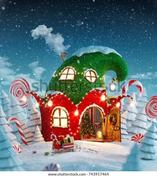 魔法の森の中に開いた扉と暖炉を持つエルフス帽の形をした 見事な妖精の家 珍しいクリスマス3dイラストはがき のイラスト素材