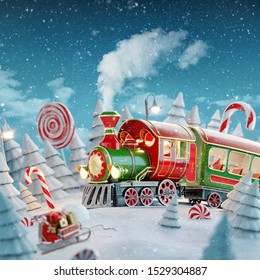 Amazing fairy Santa's Christmas train in a magical forest with candy canes. Unusual Christmas 3d illustration postcard.