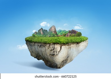 Amazing Floating Island With Natural Mountain Landscape, 3D Float Rock And Grass With Beautiful Countryside Scenery