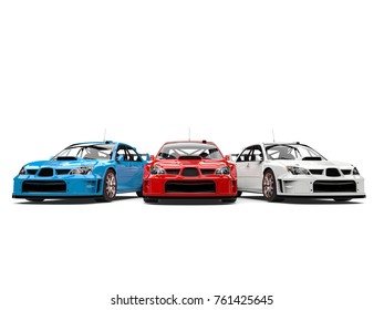 Amazing GT Race Cars In Red, White And Blue - 3D Illustration