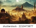 An amazing lost ancient city. Old buildings and mountains in the background. Fabulous fantastic old town. Fairy tale city concept. Perfect for phone wallpaper or for posters. 3D Illustration