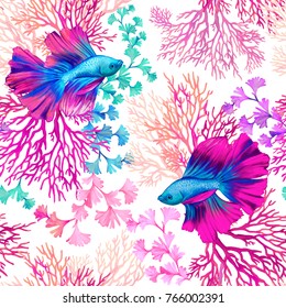 amazing marine life. seamless design with rainbow fish swimming in coral reefs. repeating pattern with navy theme. 