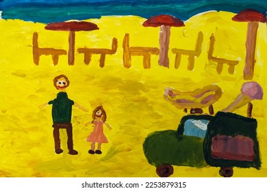 Amazing painting family father   daughter standing beach near cafe  car selling ice  cream  hotdogs painted by child  Art  creativity  summer  holiday  relationship  watercolor  childhood 