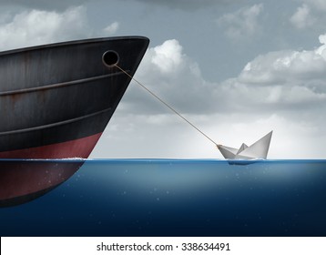 Amazing power concept as a small paper boat in the ocean pulling a huge metal ship as an overachiever metaphor for maximizing potential and business motivation for accomplishing impossible tasks.