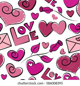 Amazing seamless pattern for design, fashion, stationery. Seamless doodle pattern in romantic magenta and pink colors on a white background. Exotic flower, letter, hearts.