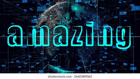 Amazing title, Animation of data processing over globe. Concept Artificial intelligence, new product, computing, digital interface and data processing