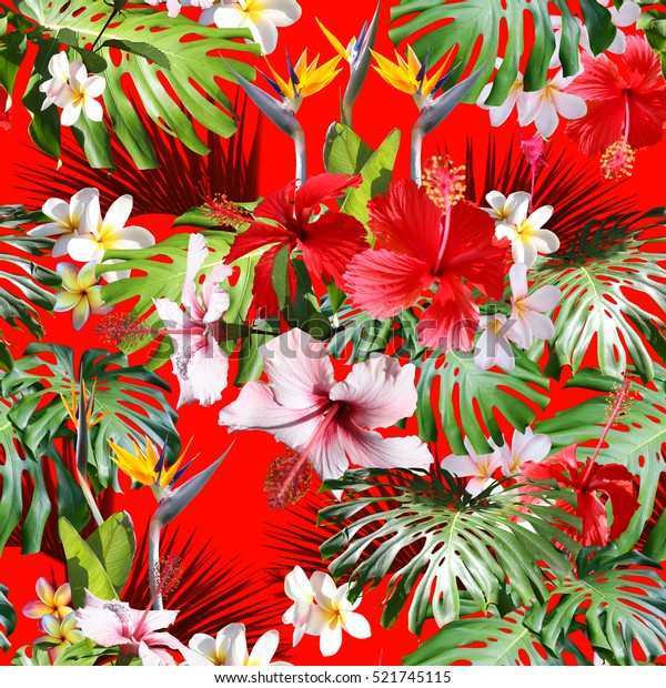 素晴らしい熱帯のプリント ハワイシャツと繊維の花柄 赤い背景に花柄の熱帯の背景に花柄のハイビスカスとプルメリア 写真のコラージュ のイラスト素材