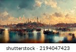 Amazing view of Istanbul, Turkey. Watercolor painting style.