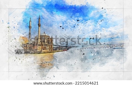 Amazing view of landscape in the morning sunrise at Ortakoy Mosque and Bosphorus Bridge, one of the most popular locations in the Bosphorus of Istanbul, Turkey. - watercolor painting