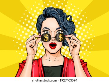 Amazing woman in glasses with dollar sign get rich. Casino player or lottery winner.Lucky girl see big money,financial success. Surprised, shocked lady with open mouth. 