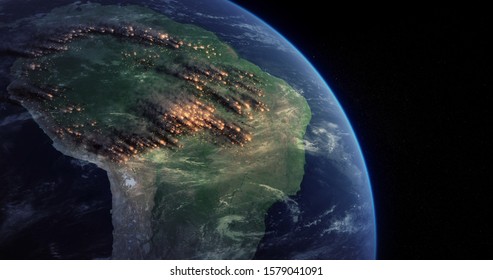 Amazon Rainforest Fire From Space. Satellite View Shows A Lot Of Fires Burning In The Brazilian Amazon Forest. Massive Wildfire Rips Through Parts Of The Amazon.