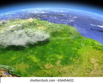 Amazon Rainforest From Space. 3D Illustration With Detailed Planet Surface. Elements Of This Image Furnished By NASA.