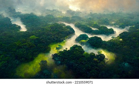 Amazon River Rain Forest Trees From Avobe The Sky