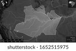 Amazonas, state of Brazil. Grayscaled map with lakes and rivers. Shape presented against its country area with informative overlays. 3D rendering