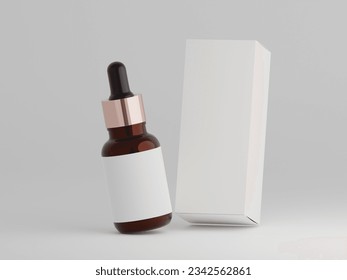 Amber dropper mockup with packaging box and editable bottle label on a white background as 3d rendering.