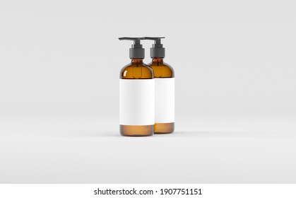 Amber Glass Bottle Pump Dispenser Soap Shampoo Liquid Mockup 3D Illustration