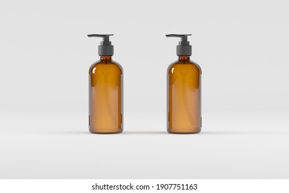 Amber Glass Bottle Pump Dispenser Soap Shampoo Liquid Mockup 3D Illustration