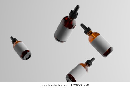 Amber Glass Dropper Bottle Mockup - Multiple Floating Bottles. Blank Label. 3D Illustration