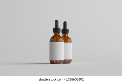 Amber Glass Dropper Bottle Mockup - Two Bottles. Blank Label. 3D Illustration