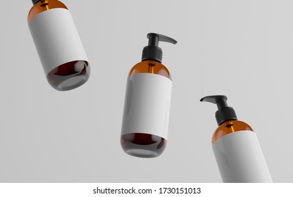 Amber Glass Pump Bottle Mock-Up - Liquid Soap, Shampoo Dispenser - Three Floating Bottles. Blank Label. 3D Illustration
