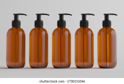 Amber Glass Pump Bottle Mock-Up - Liquid Soap, Shampoo Dispenser - Multiple Bottles. 3D Illustration