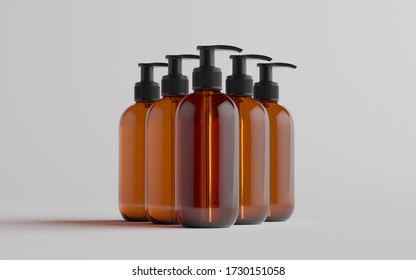 Amber Glass Pump Bottle Mock-Up - Liquid Soap, Shampoo Dispenser - Multiple Bottles. 3D Illustration