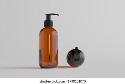 Amber Glass Pump Bottle Mock-Up - Liquid Soap, Shampoo Dispenser - Two Bottles. 3D Illustration