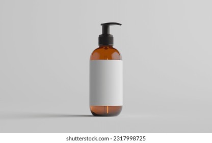 Amber Glass Pump Bottle Mock-Up - Liquid Soap, Shampoo Dispenser - One Bottle. Blank Label. 3D Illustration